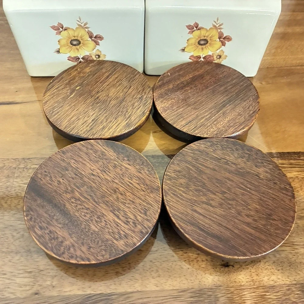 Vintage Hyalyn USA Mid-Century Modern Wildflowers Canister Set of 4 Wooden Lids